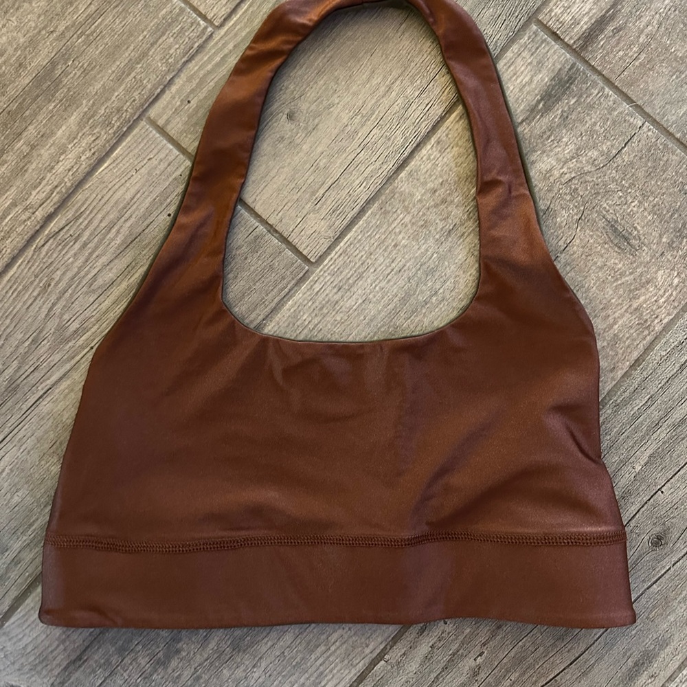 Fabletics Brown and green reversible halter top Sports Bra